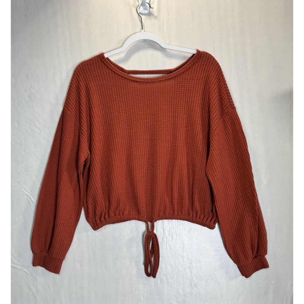 Hollister Womens Rust Waffle Knit Top Drawstring Hem Cozy Long Sleeve Sz Medium